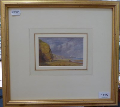 Lot 1115 - ~ George Weatherill (1810-1890) Figures on the beach by cliffs, with bathing huts beyond, oil...