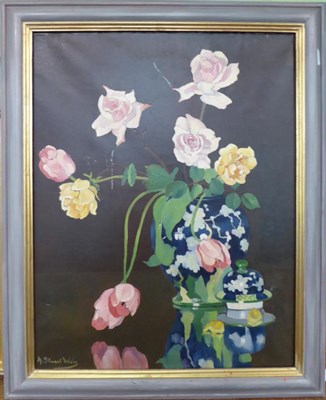 Lot 1123 - Helen Stuart Weir RBA, ROI, ASWA (1915-1969) A still life of roses in an Oriental blue and...