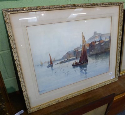 Lot 1125 - ~ Frank Rousse (fl.1897-1917) Fishing boats in Whitby harbour, signed, watercolour, 43.5cm by...