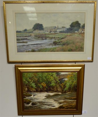 Lot 1141 - Reginald Aspinwall ARCamA (1858-1921)  Farm buildings besidea river estuary, watercolour,...