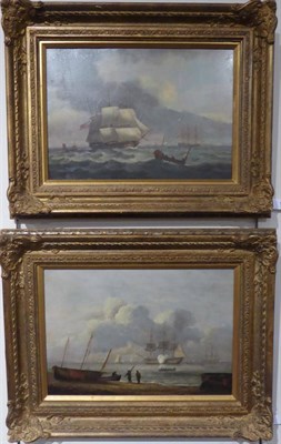 Lot 1143 - Follower of Thomas Luny (1759-1837) Figures before shipping and masted ship and other vessels...