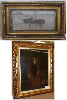 Lot 1155 - James Charles (1851-1906) Figure in a fishing boat before a coastline, signed, oil on canvas,...