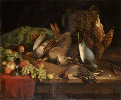 Lot 1181 - Attributed to Peter Cleland (exh.1880-1901) A still life of game and fruit before wicker...