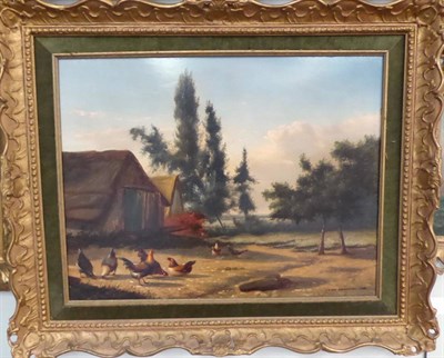 Lot 1195 - J L van Leemputten (19th century) Dutch, Poultry in a farmyard, signed and dated 1868, oil on...