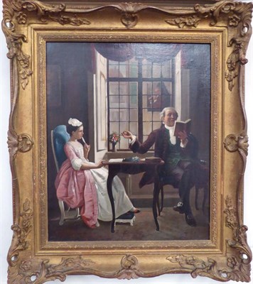 Lot 1199 - J* Bon (19th/20th century) A gentleman reading to a young lady seated at an occasional table in...