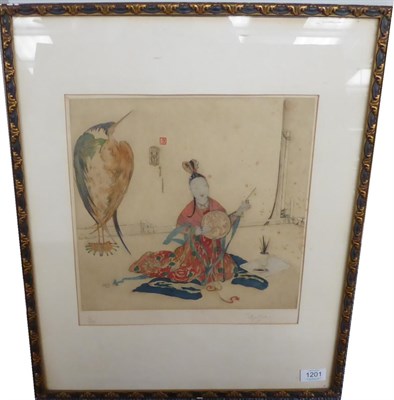 Lot 1201 - Elyse Ashe Lord (1900-1971) Oriental figure and a heron in an interior, signed and numbered 19/100