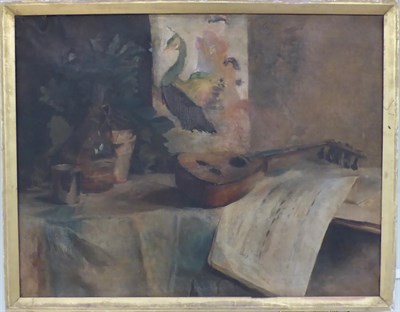 Lot 1212 - French School (19th/20th century) A still life of a lute, a sheet of music and other vessels on...