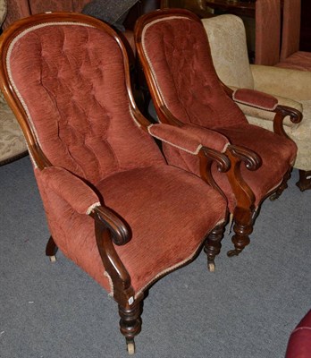 Lot 1299 - A near pair of Victorian button back armchairs in red upholstery, 61cm wide