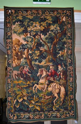 Lot 1300 - A 16th century style 'tapestry', Europe, the wooded landscape with hunting scene enclosed by floral