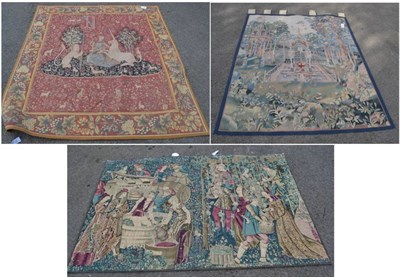 Lot 1363 - An 18th century Aubusson style tapestry, China, woven in wool depicting a fountain within a...