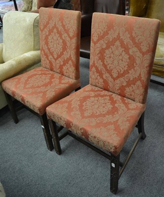 Lot 1381 - ^ A pair of 18th century pink upholstered side chairs with blind fret carved legs, 54cm wide