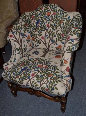 Lot 1382 - William & Mary style tub chair upholstered in green leaf fabric, 71cm wide