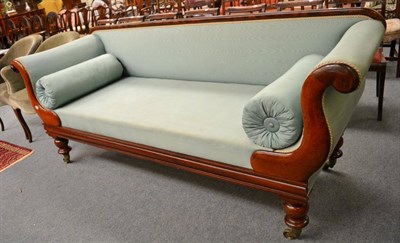 Lot 1388 - A Victorian mahogany framed scroll-end sofa, later recovered in turquoise watered silk, raised...