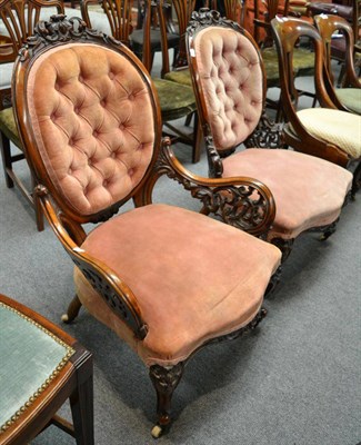 Lot 1393 - A Victorian walnut framed armchair upholstered in pink velvet 63cm wide, together with a...