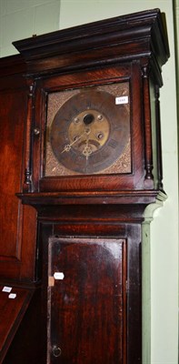 Lot 1444 - {} An oak eight day longcase clock, signed Robert Sutton, Skipton, circa 1730, flat top...