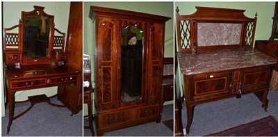 Lot 1450 - A late Victorian mahogany and satinwood banded and marquetry inlaid three piece bedroom suite...