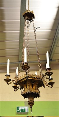 Lot 1485 - A 19th century brass six branch chandelier in the Gothic revival style, maximum drop of 150cm