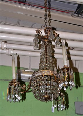 Lot 1490 - A cut glass and gilt brass three branch chandelier, drop approximately 66cm