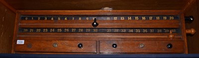 Lot 1498 - A late 19th century oak cased snooker billiards score board, together with thirteen stained...