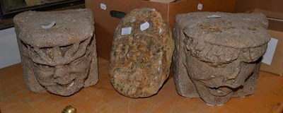 Lot 1507 - A pair of carved stone Gargoyles reputedly from Selby Abbey, 26cm wide and another carved head,...