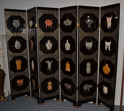 Lot 1510 - A 20th century lacquered six leaf dressing screen, each decorated with vases and antiquities, 183cm