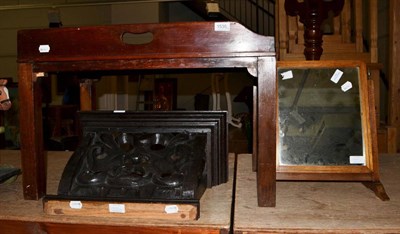 Lot 1535 - A 19th century mahogany tray top coffee table, an ebonised wall bracket in the form of a mask and a