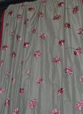 Lot 1543 - Two silk and viscose drawing room curtains in large scale raised embroidered floral design, in...