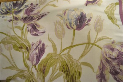 Lot 1544 - Two Laura Ashley Gosford amethyst floral, heavy linen curtains, trimmed to leading edge with...