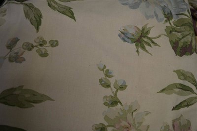 Lot 1545 - Duck egg blue, white and soft pink floral design linen curtains, trimmed to both edges with...