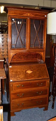 Lot 1612 - An Edwardian mahogany and satinwood banded bureau bookcase, 88cm wide