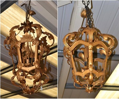 Lot 1663 - A large pair of Venetian gilt metal painted hanging lanterns with three candle arms, maximum...