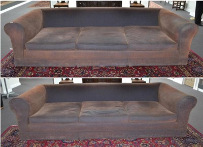 Lot 1682 - A pair of large custom-made Conran sofas, upholstered in two tone brown and blue corduroy...