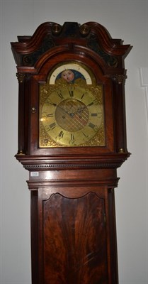 Lot 1709 - A mahogany eight day longcase clock, swan neck pediment with glass gilt painted panels and a...