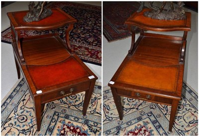 Lot 1750 - A pair of mahogany and leather top side tables with fitted single frieze drawer, 43cm wide