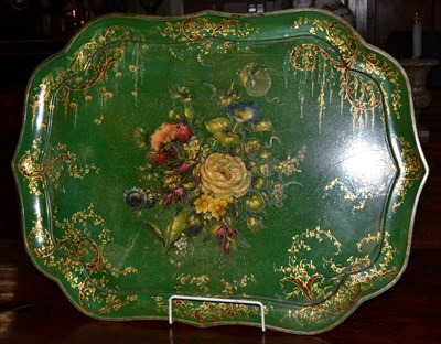 Lot 1768 - A Jennens & Bettridge's papier mache tray, 19th century, of shaped oval form, painted with...