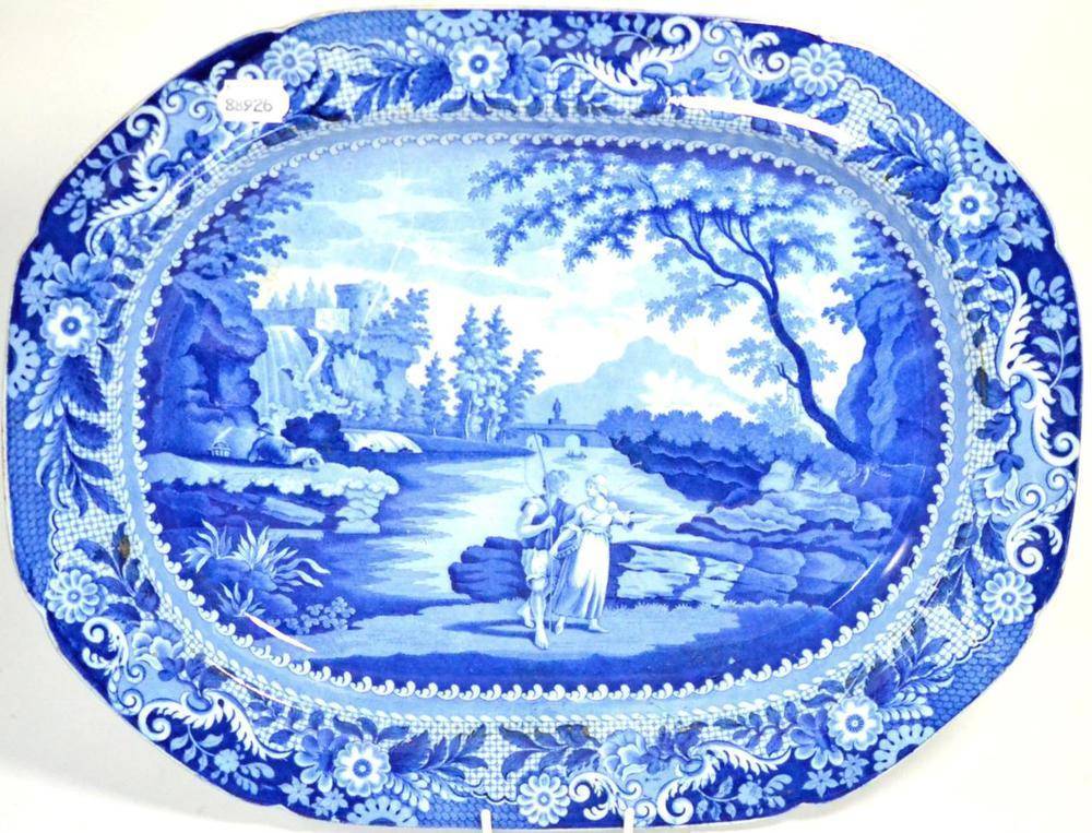 Lot 5 - A Brameld pearlware meat platter, circa 1820, printed in under glaze blue with the Castle of...