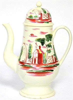 Lot 11 - A Creamware coffee pot and cover, circa 1770, of baluster form, painted in red, green, yellow...