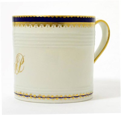Lot 20 - A Derby porcelain porter mug, circa 1790, initialled in gilt JP, within ribbed bands and blue...