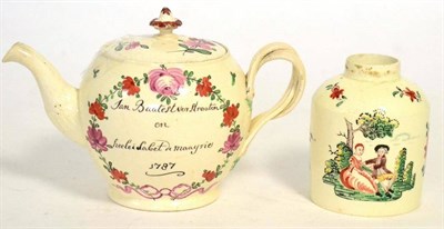 Lot 21 - A documentary Dutch decorated Creamware teapot and cover, dated 1787, of ovoid form, inscribed...