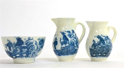 Lot 38 - A pair of Caughley porcelain miniature sparrowbeak jugs, circa 1785, printed in underglaze blue...