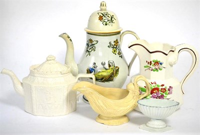 Lot 61 - A Pearlware coffee pot and cover, circa 1810, of baluster form printed and overpainted with...