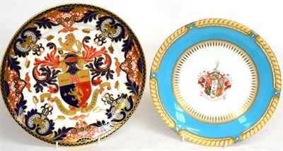 Lot 69 - A Royal Crown Derby porcelain plate, circa 1890, painted in the Imari palette with an armorial...