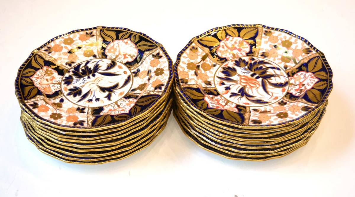 Lot 75 - A set of eighteen Royal Crown Derby porcelain dessert plates, late 19th century, decorated in...