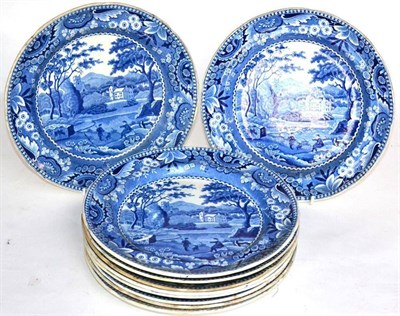 Lot 82 - ^ A set of ten Pearlware dinner plates, circa 1820, printed with European figures in a...