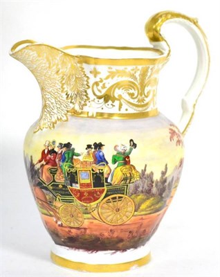 Lot 88 - A Staffordshire porcelain coaching jug, circa 1830, painted with the Royal Umpire in landscape...