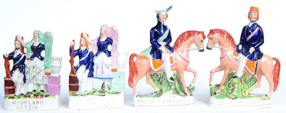 Lot 97 - A Staffordshire pottery figure of Sir Colin Campbell on horseback, on a titled base, 29cm high;...