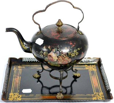 Lot 101 - A toleware tea kettle cover and stand, early 19th century, of globular form painted with birds...