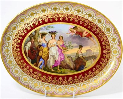 Lot 102 - A Vienna style oval tray, circa 1900, painted with 'ercur Verfolgt Die Herse' 33cm wide