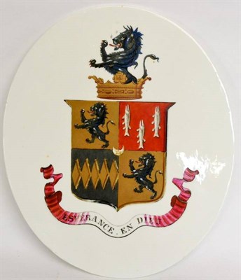 Lot 120 - An English porcelain oval plaque, circa 1820, painted and gilt with the arms of Lucie...