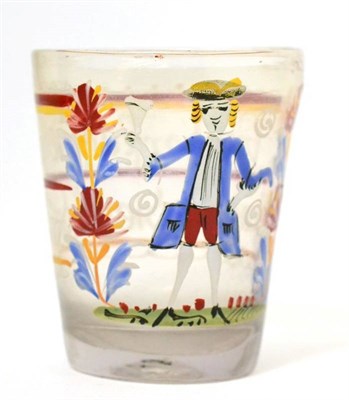 Lot 138 - A Bohemian glass small beaker, 18th century, enamelled with a figure, flowers and an...